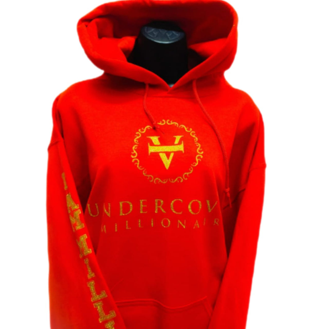 VUM Glitter Gold Red Pullover Hoodie w/Kangaroo Pockets (GG)